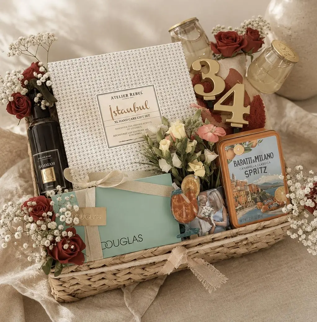 Gepersonaliseerde geschenkmand met bloemen en herinneringen